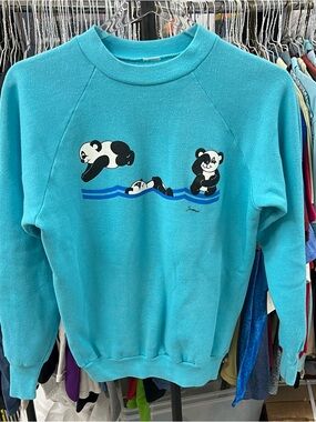 Vintage 80’s Swimming Panda Sweatshirt Women’s Size M/L Aqua Blue Made In USA